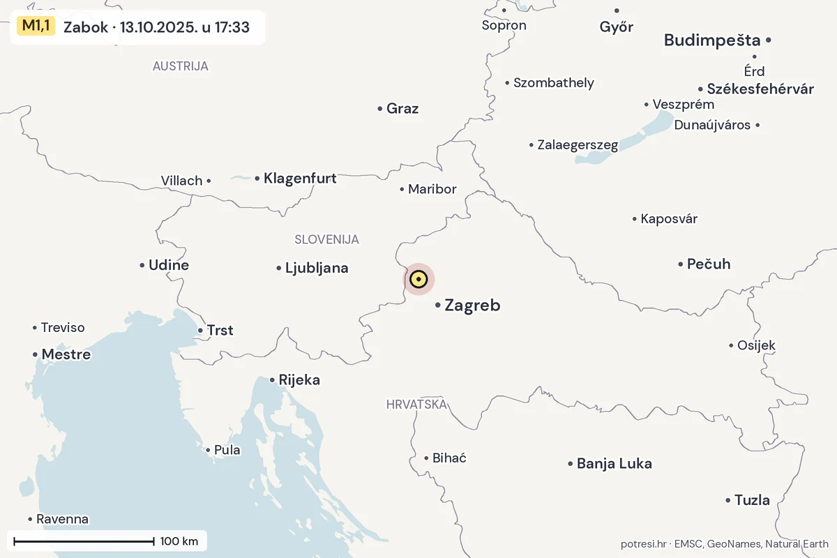 Karta: šire područje, 600 km, potres M1,1, Zabok, 13.10.2025.