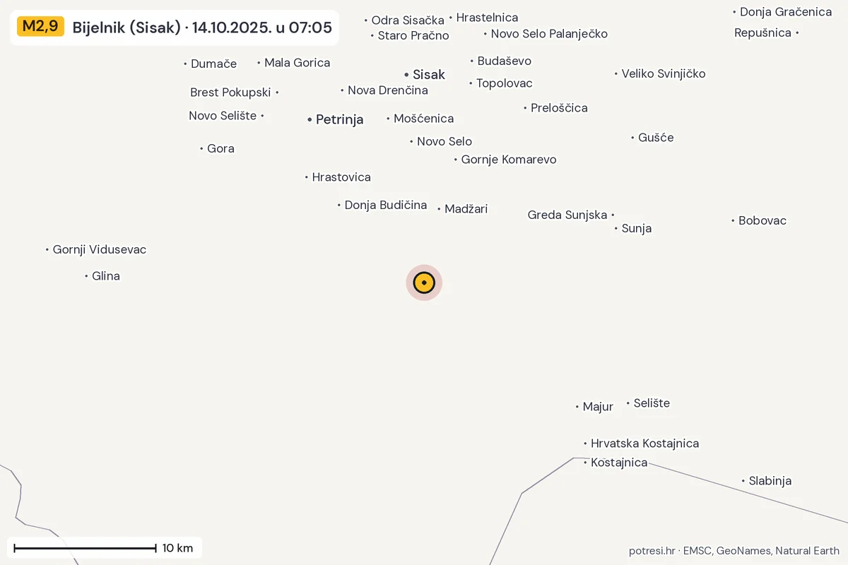 Karta: okolica epicentra, 60 km, potres M2,9, Bijelnik (Sisak), 14.10.2025.
