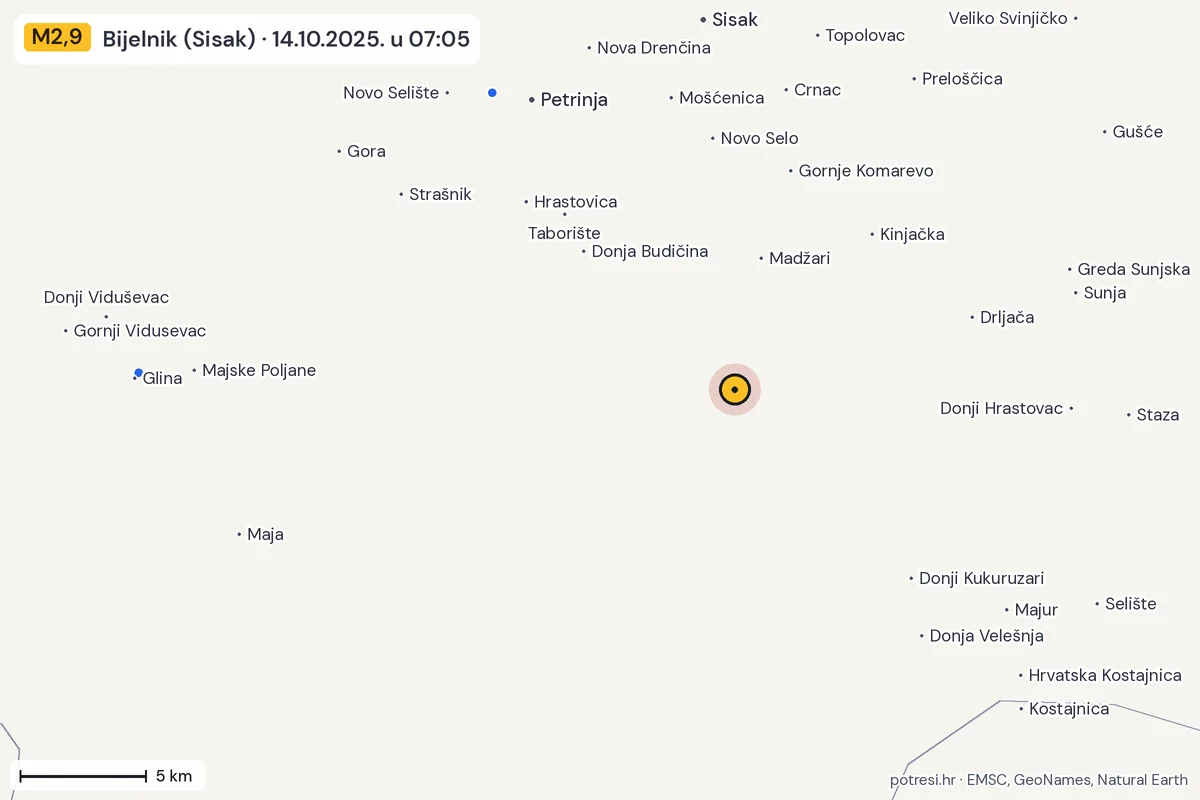 Karta: izvješća građana, potres M2,9, Bijelnik (Sisak), 14.10.2025.