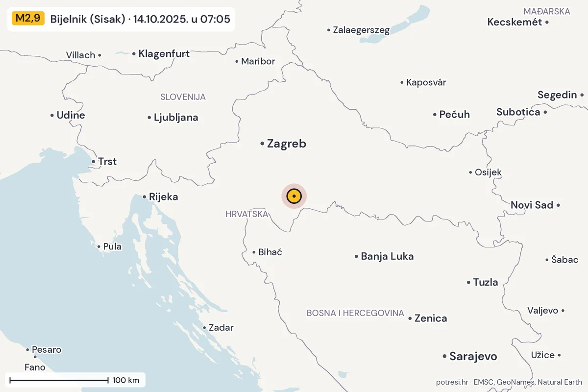 Karta: šire područje, 600 km, potres M2,9, Bijelnik (Sisak), 14.10.2025.