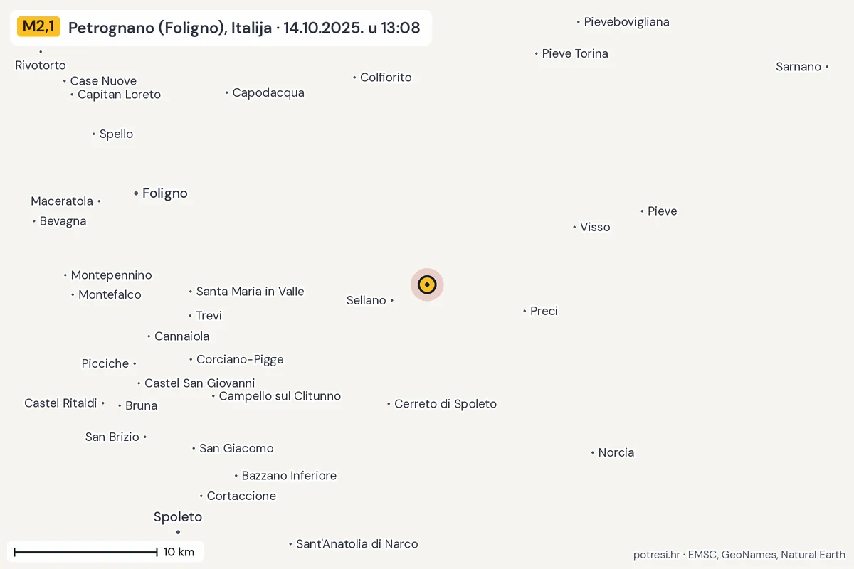 Karta: okolica epicentra, 60 km, potres M2,1, Petrognano (Foligno), Italija, 14.10.2025.