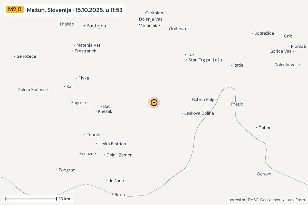 Karta: okolica epicentra, 60 km, potres M2,0, Mašun, Slovenija, 15.10.2025.