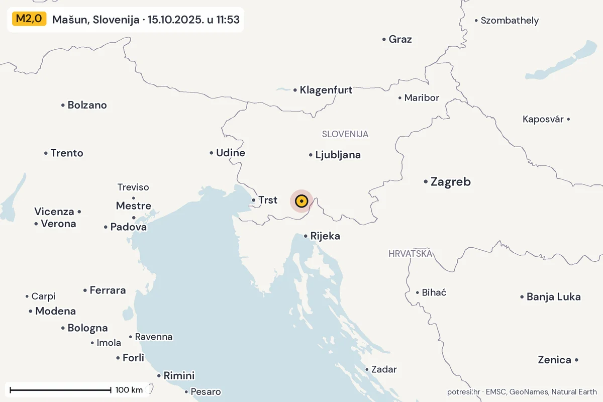 Karta: šire područje, 600 km, potres M2,0, Mašun, Slovenija, 15.10.2025.