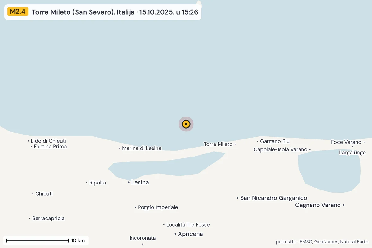 Karta: okolica epicentra, 60 km, potres M2,4, Torre Mileto (San Severo), Italija, 15.10.2025.