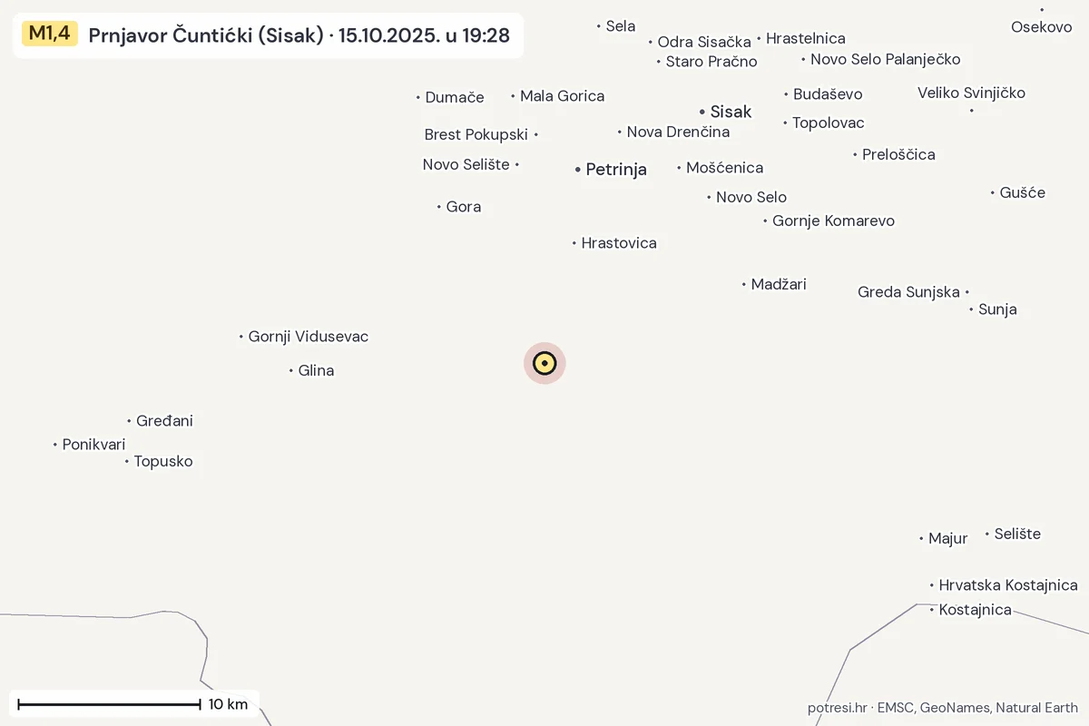 Karta: okolica epicentra, 60 km, potres M1,4, Prnjavor Čuntićki (Sisak), 15.10.2025.