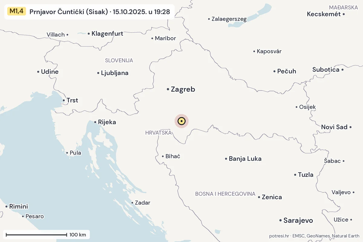Karta: šire područje, 600 km, potres M1,4, Prnjavor Čuntićki (Sisak), 15.10.2025.