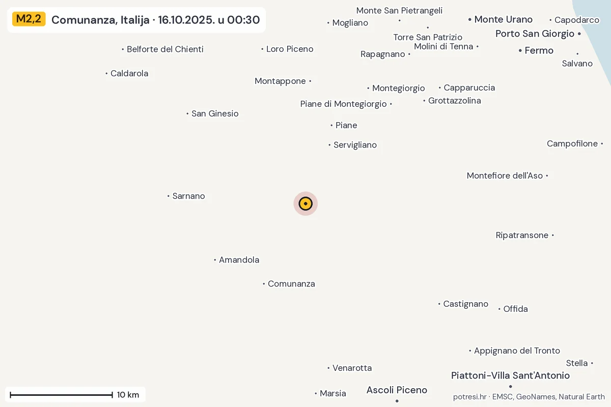 Karta: okolica epicentra, 60 km, potres M2,2, Comunanza, Italija, 16.10.2025.