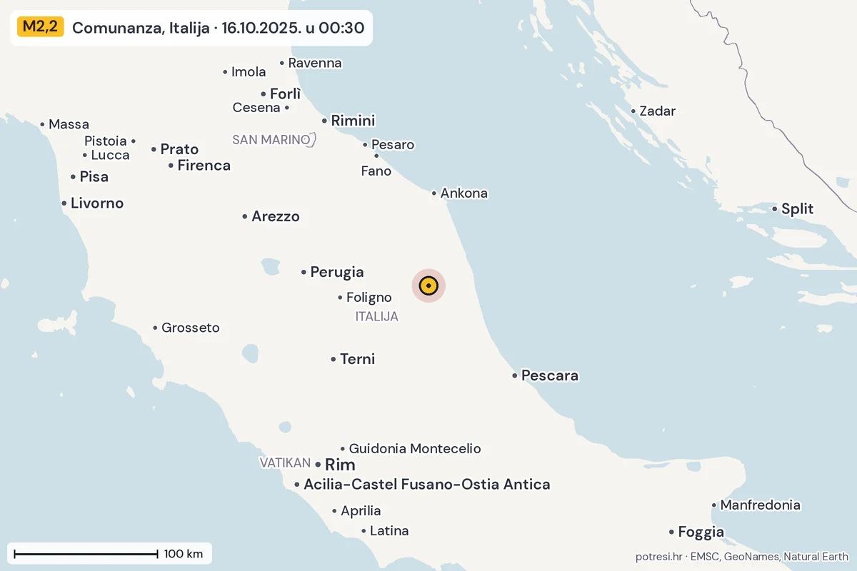 Karta: šire područje, 600 km, potres M2,2, Comunanza, Italija, 16.10.2025.