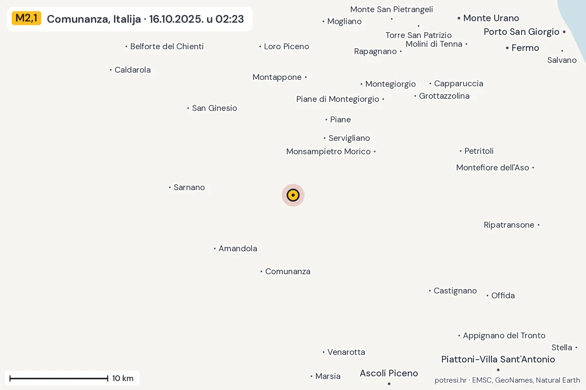 Karta: okolica epicentra, 60 km, potres M2,1, Comunanza, Italija, 16.10.2025.