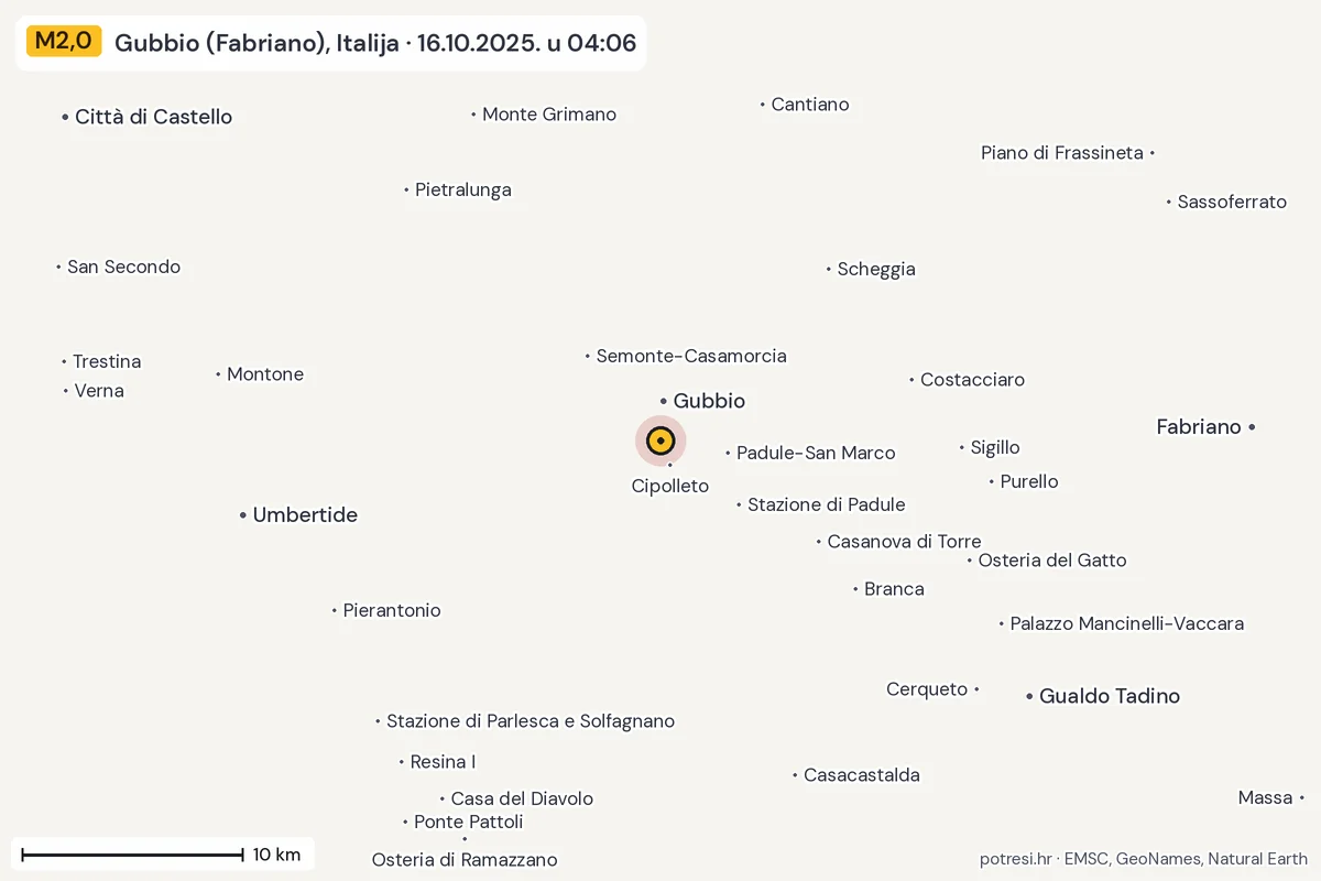 Karta: okolica epicentra, 60 km, potres M2,0, Gubbio (Fabriano), Italija, 16.10.2025.
