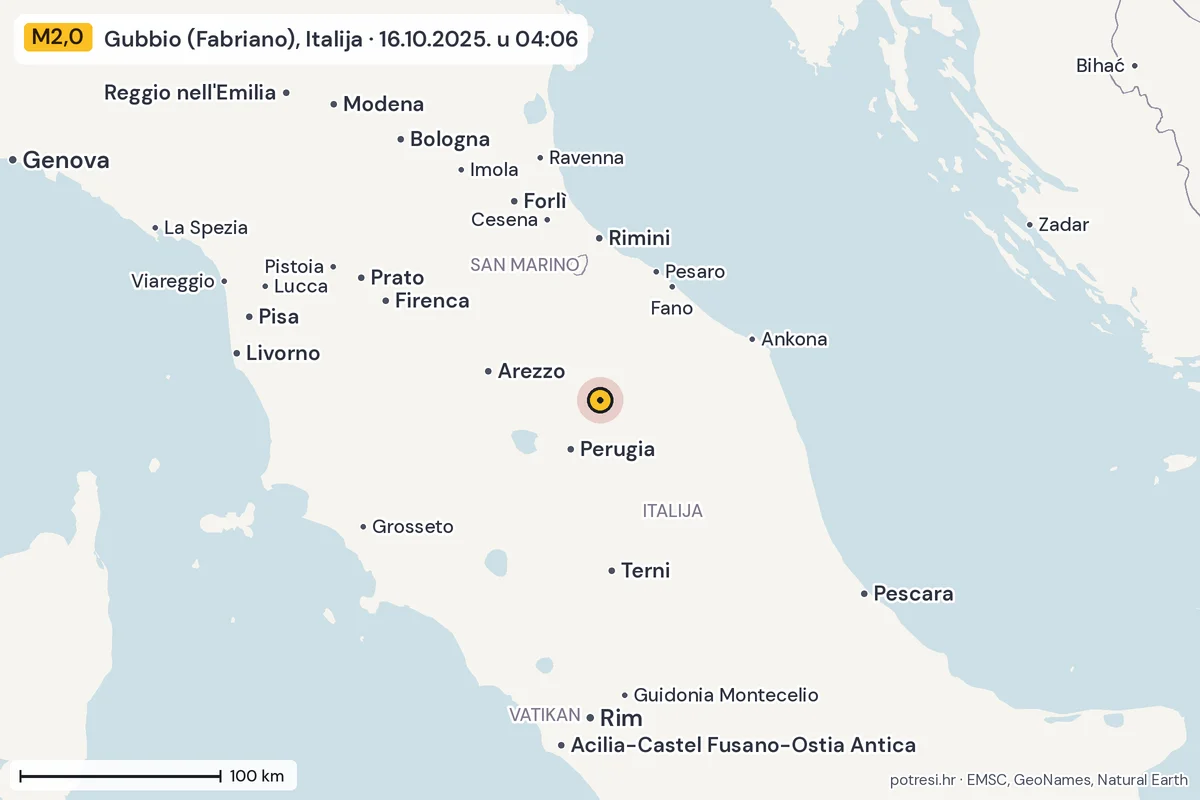 Karta: šire područje, 600 km, potres M2,0, Gubbio (Fabriano), Italija, 16.10.2025.