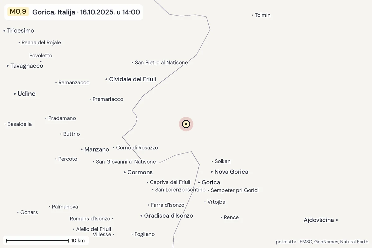 Karta: okolica epicentra, 60 km, potres M0,9, Gorica, Italija, 16.10.2025.