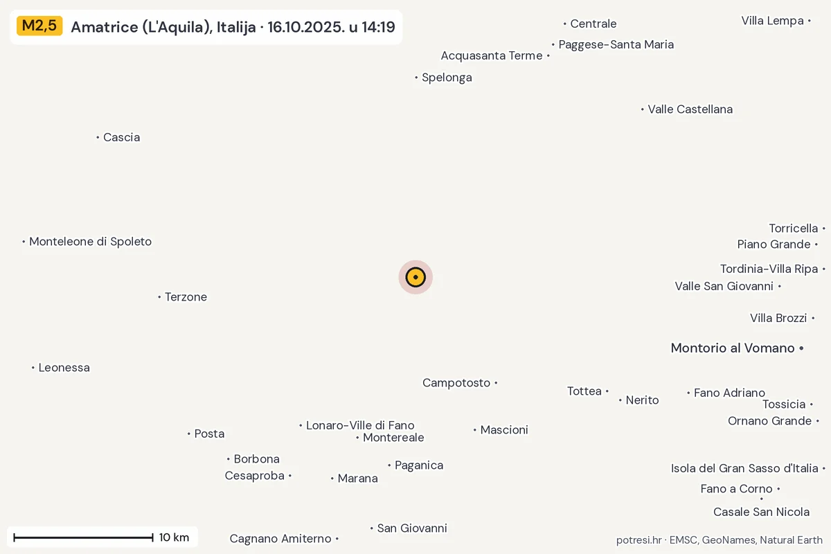 Karta: okolica epicentra, 60 km, potres M2,5, Amatrice (L'Aquila), Italija, 16.10.2025.