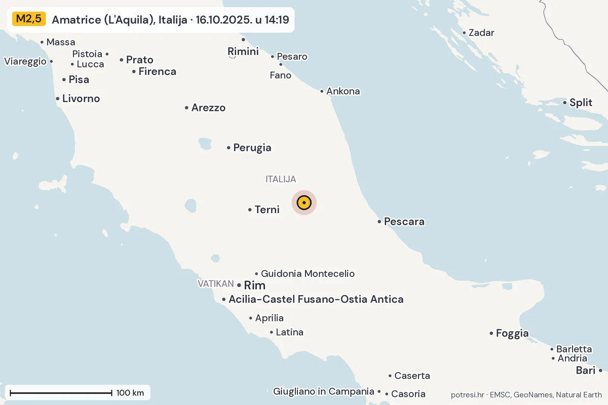 Karta: šire područje, 600 km, potres M2,5, Amatrice (L'Aquila), Italija, 16.10.2025.