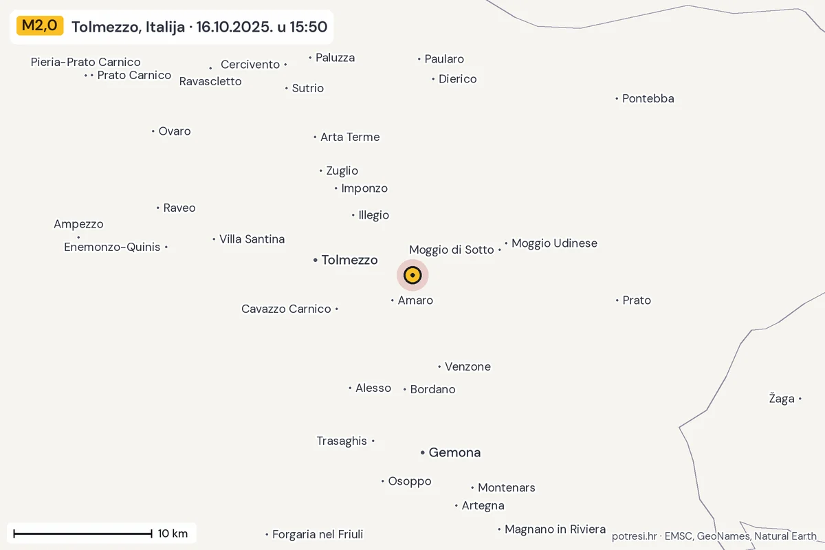 Karta: okolica epicentra, 60 km, potres M2,0, Tolmezzo, Italija, 16.10.2025.