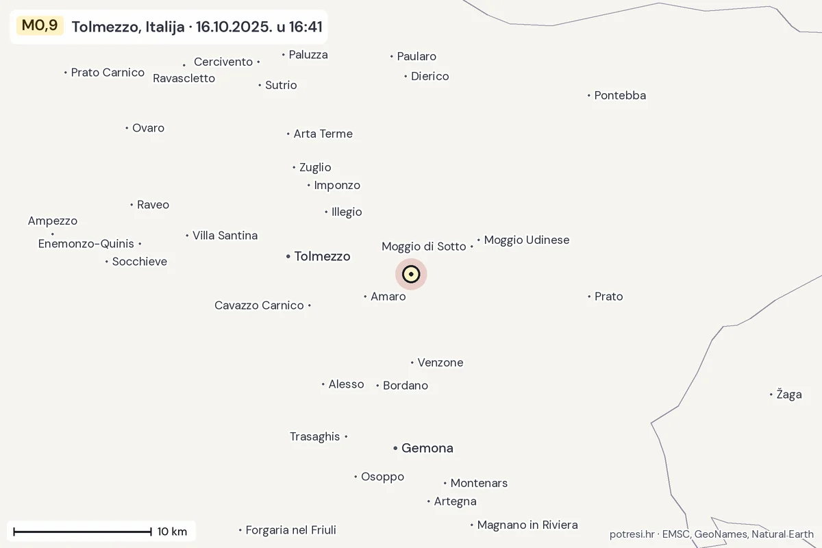 Karta: okolica epicentra, 60 km, potres M0,9, Tolmezzo, Italija, 16.10.2025.