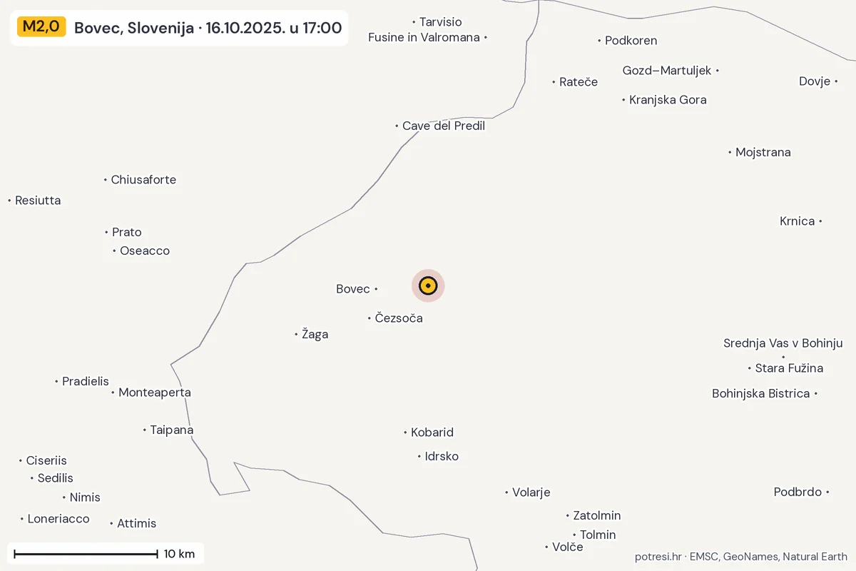 Karta: okolica epicentra, 60 km, potres M2,0, Bovec, Slovenija, 16.10.2025.