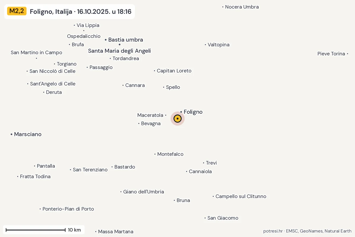 Karta: okolica epicentra, 60 km, potres M2,2, Foligno, Italija, 16.10.2025.