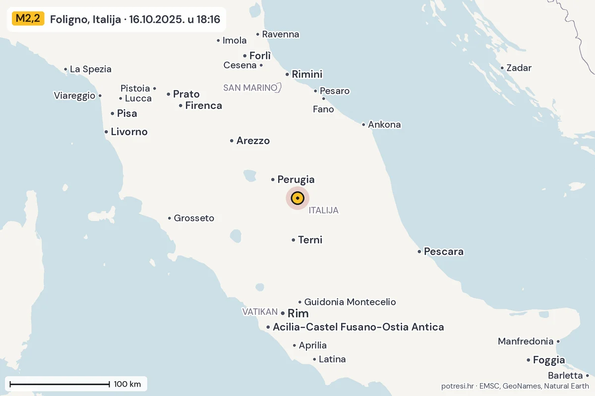 Karta: šire područje, 600 km, potres M2,2, Foligno, Italija, 16.10.2025.