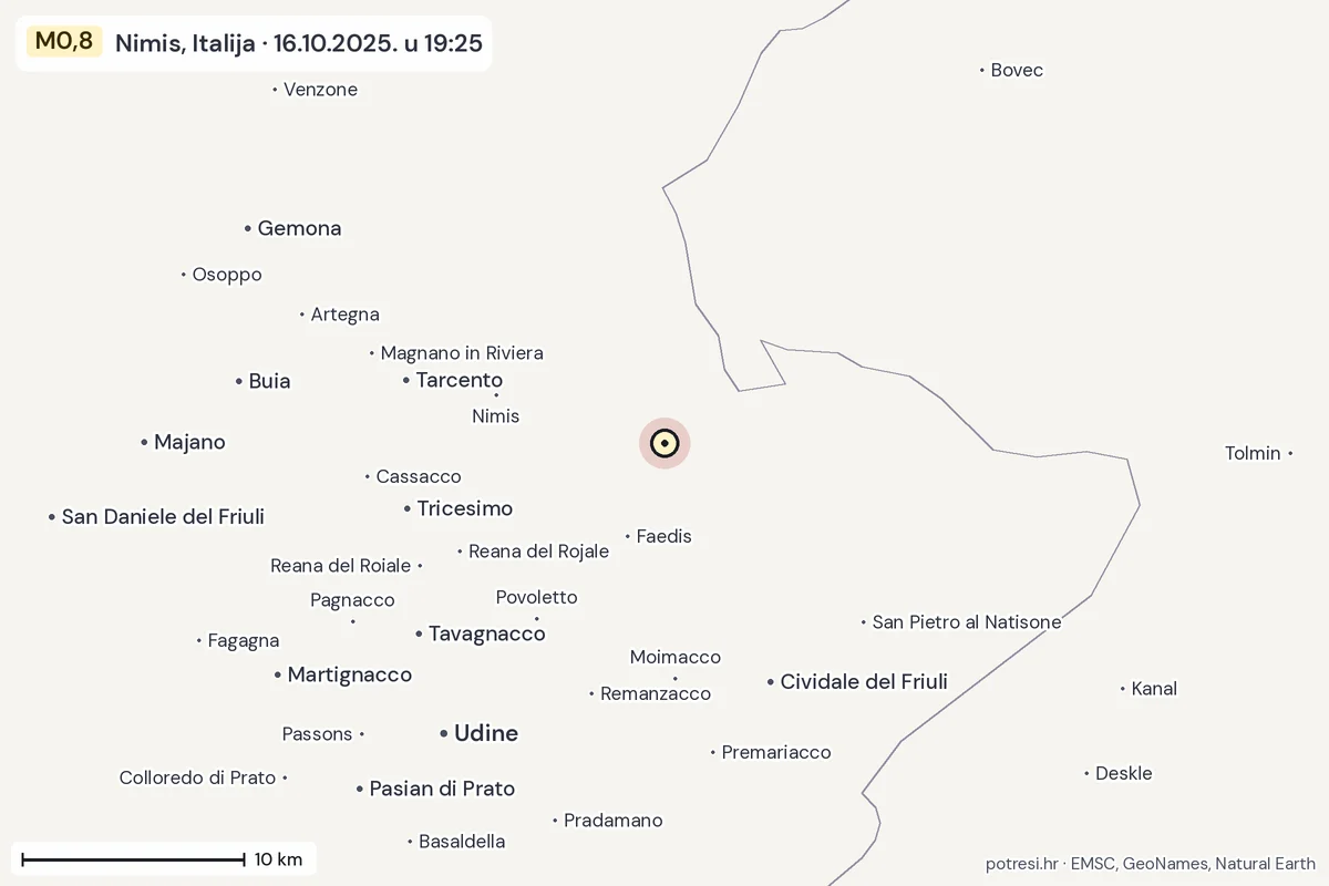 Karta: okolica epicentra, 60 km, potres M0,8, Nimis, Italija, 16.10.2025.