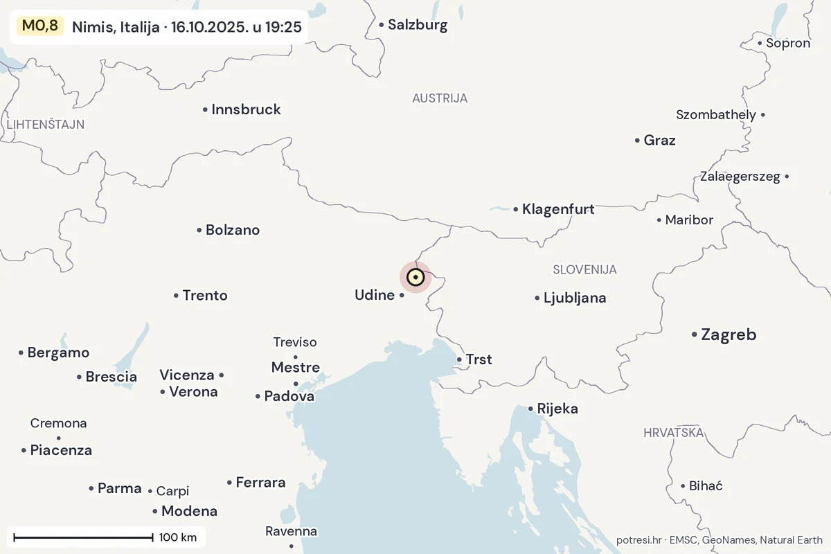 Karta: šire područje, 600 km, potres M0,8, Nimis, Italija, 16.10.2025.