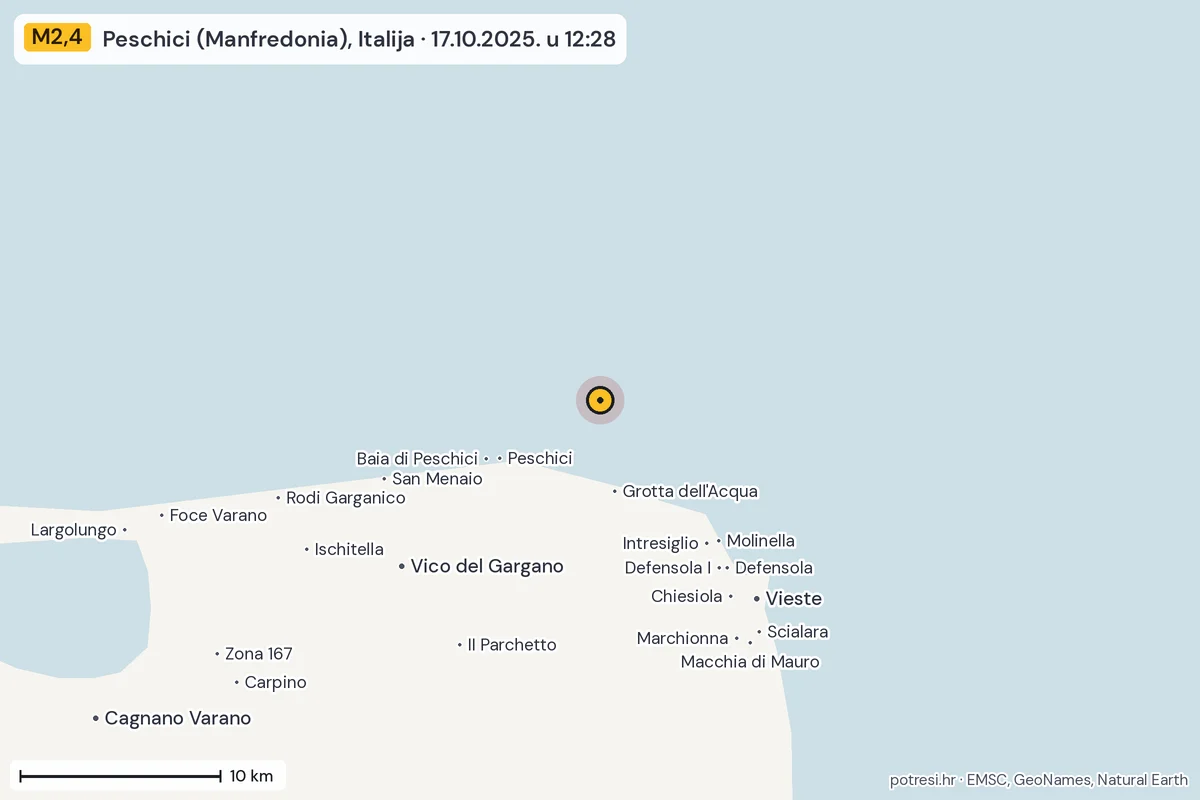 Karta: okolica epicentra, 60 km, potres M2,4, Peschici (Manfredonia), Italija, 17.10.2025.