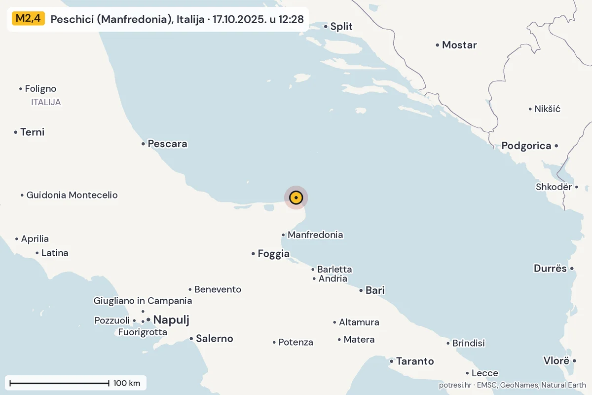 Karta: šire područje, 600 km, potres M2,4, Peschici (Manfredonia), Italija, 17.10.2025.