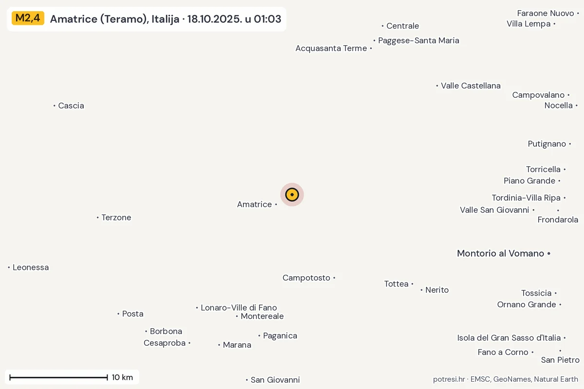 Karta: okolica epicentra, 60 km, potres M2,4, Amatrice (Teramo), Italija, 18.10.2025.