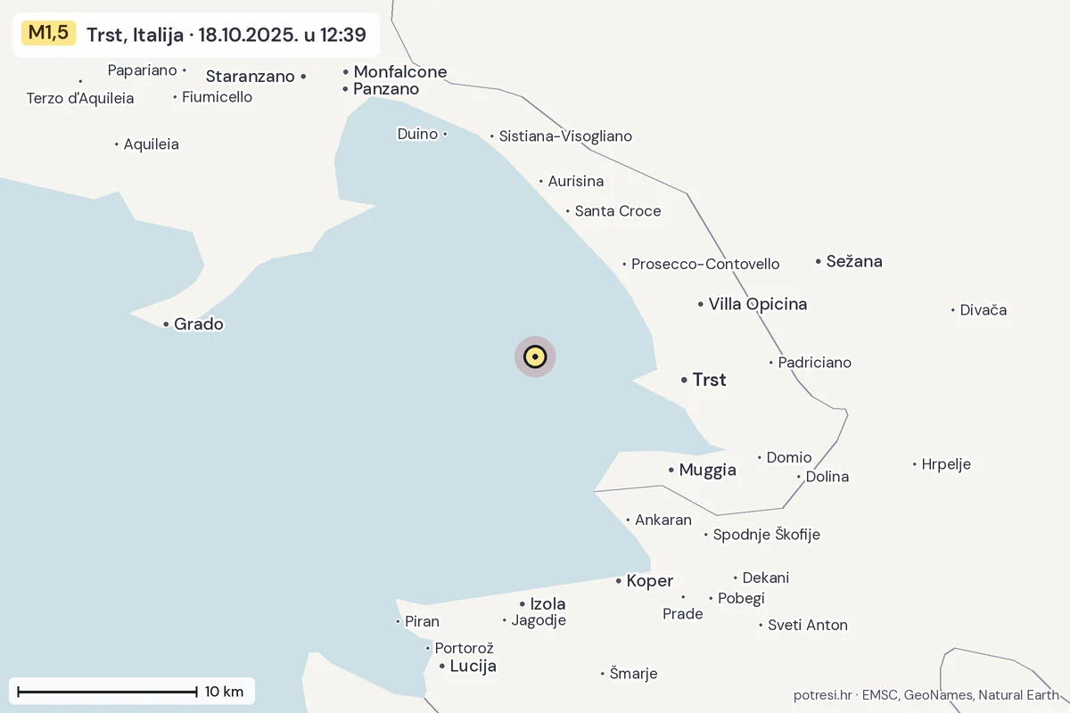 Karta: okolica epicentra, 60 km, potres M1,5, Trst, Italija, 18.10.2025.