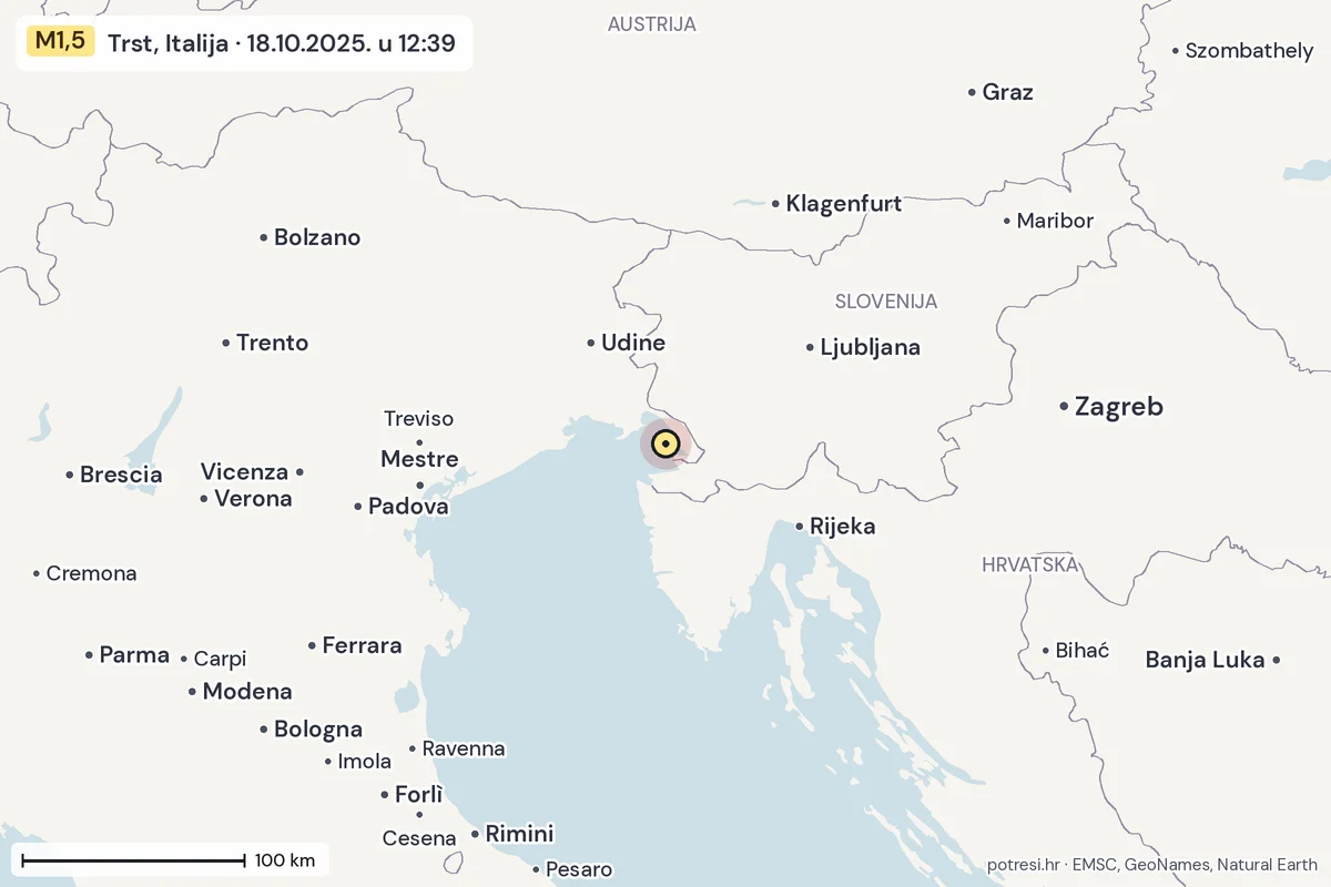 Karta: šire područje, 600 km, potres M1,5, Trst, Italija, 18.10.2025.