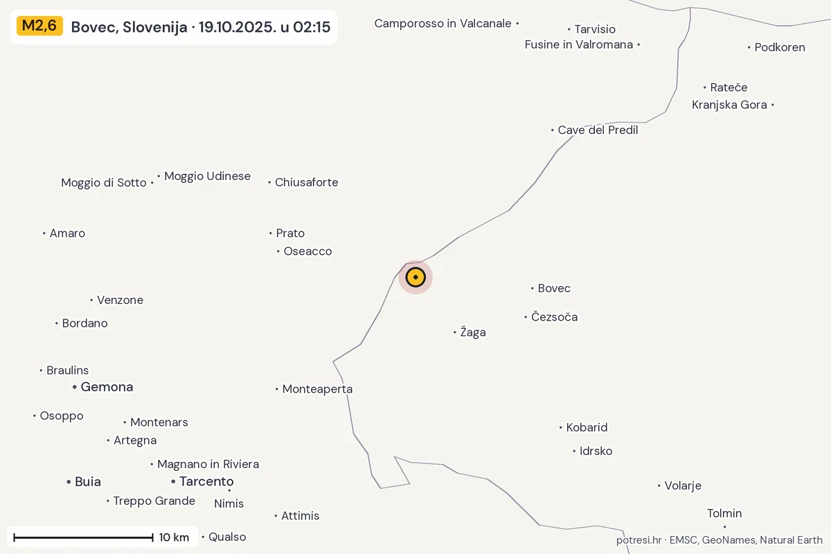 Karta: okolica epicentra, 60 km, potres M2,6, Bovec, Slovenija, 19.10.2025.