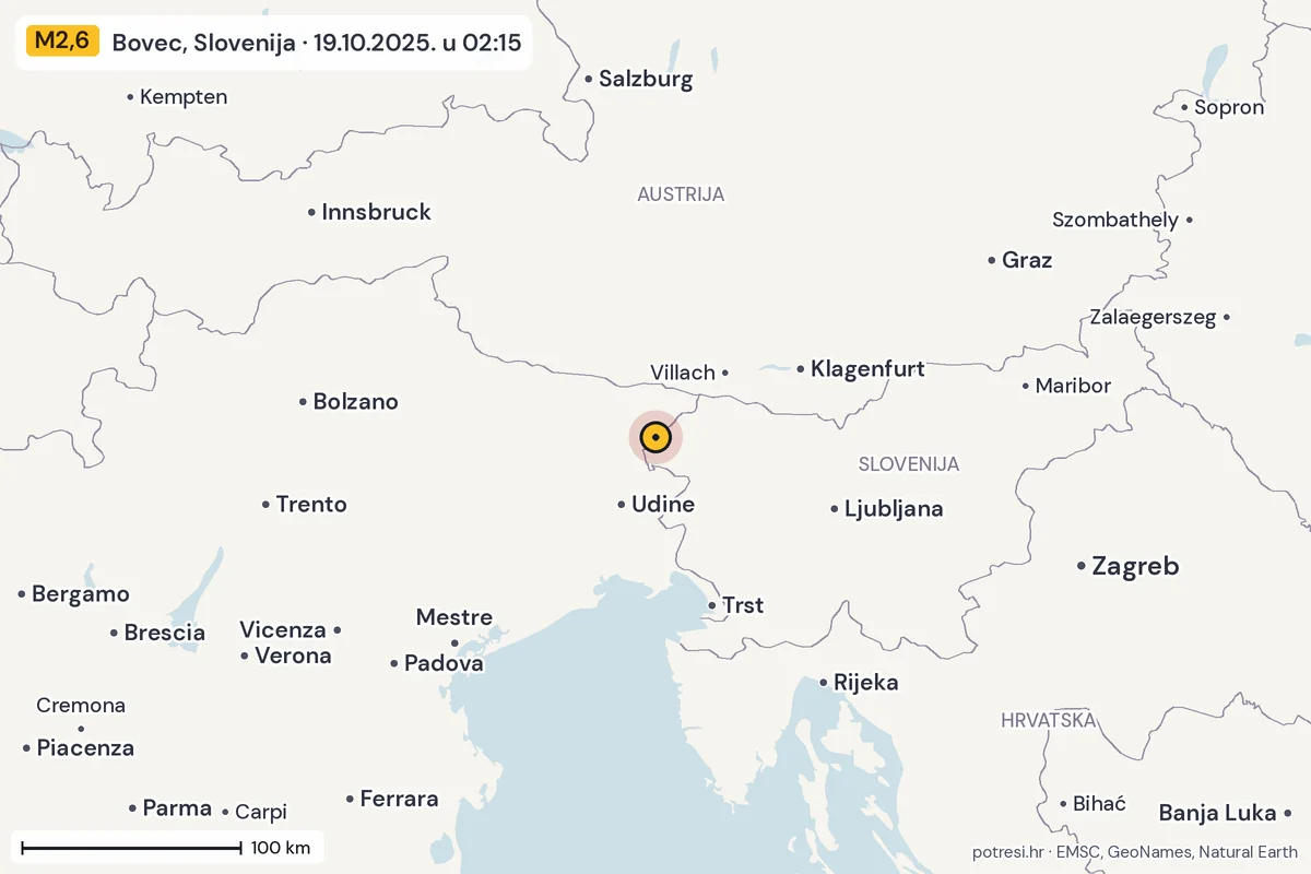 Karta: šire područje, 600 km, potres M2,6, Bovec, Slovenija, 19.10.2025.