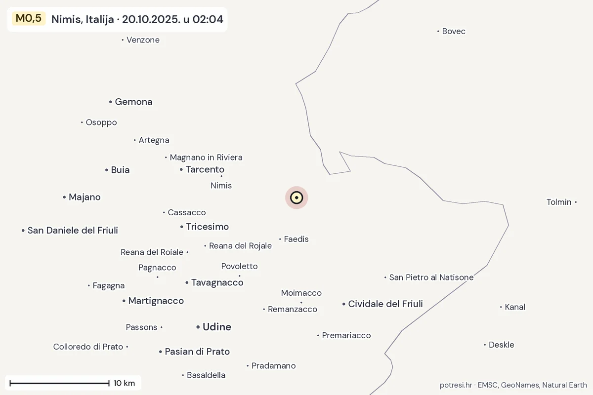Karta: okolica epicentra, 60 km, potres M0,5, Nimis, Italija, 20.10.2025.
