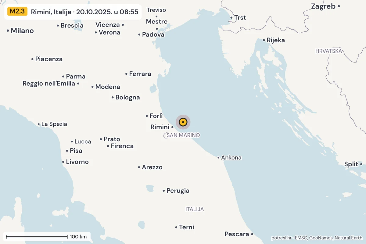 Karta: šire područje, 600 km, potres M2,3, Rimini, Italija, 20.10.2025.