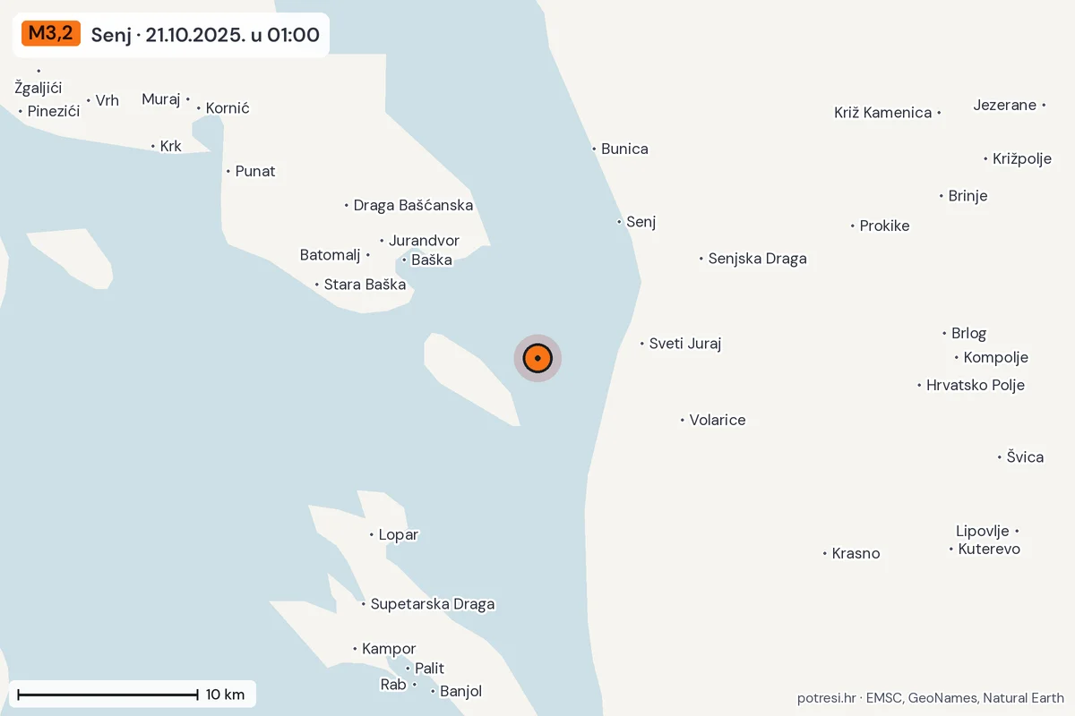 Karta: okolica epicentra, 60 km, potres M3,2, Senj, 21.10.2025.