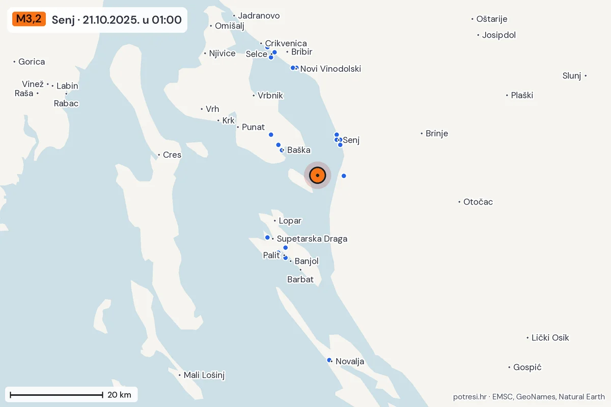 Karta: izvješća građana, potres M3,2, Senj, 21.10.2025.