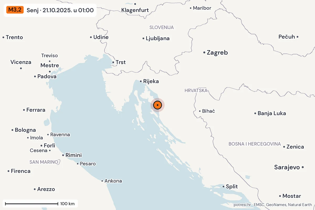 Karta: šire područje, 600 km, potres M3,2, Senj, 21.10.2025.