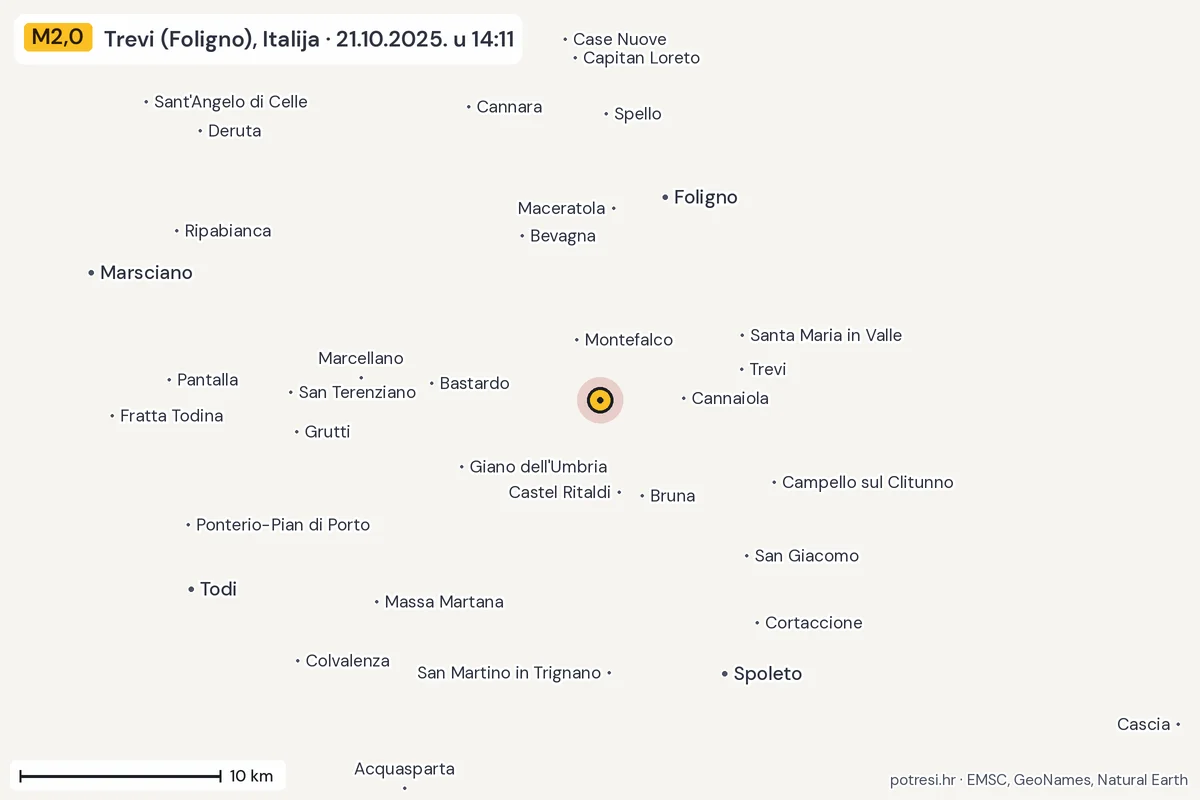 Karta: okolica epicentra, 60 km, potres M2,0, Trevi (Foligno), Italija, 21.10.2025.