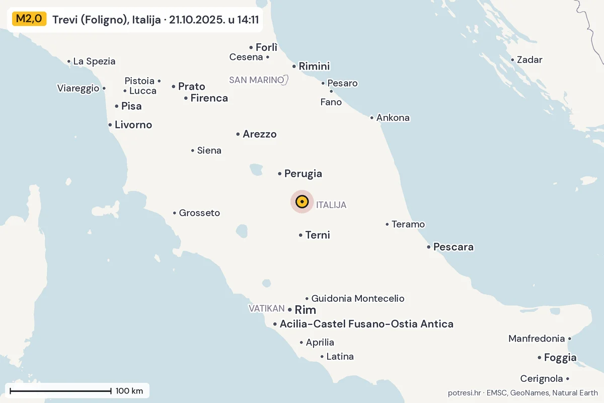 Karta: šire područje, 600 km, potres M2,0, Trevi (Foligno), Italija, 21.10.2025.