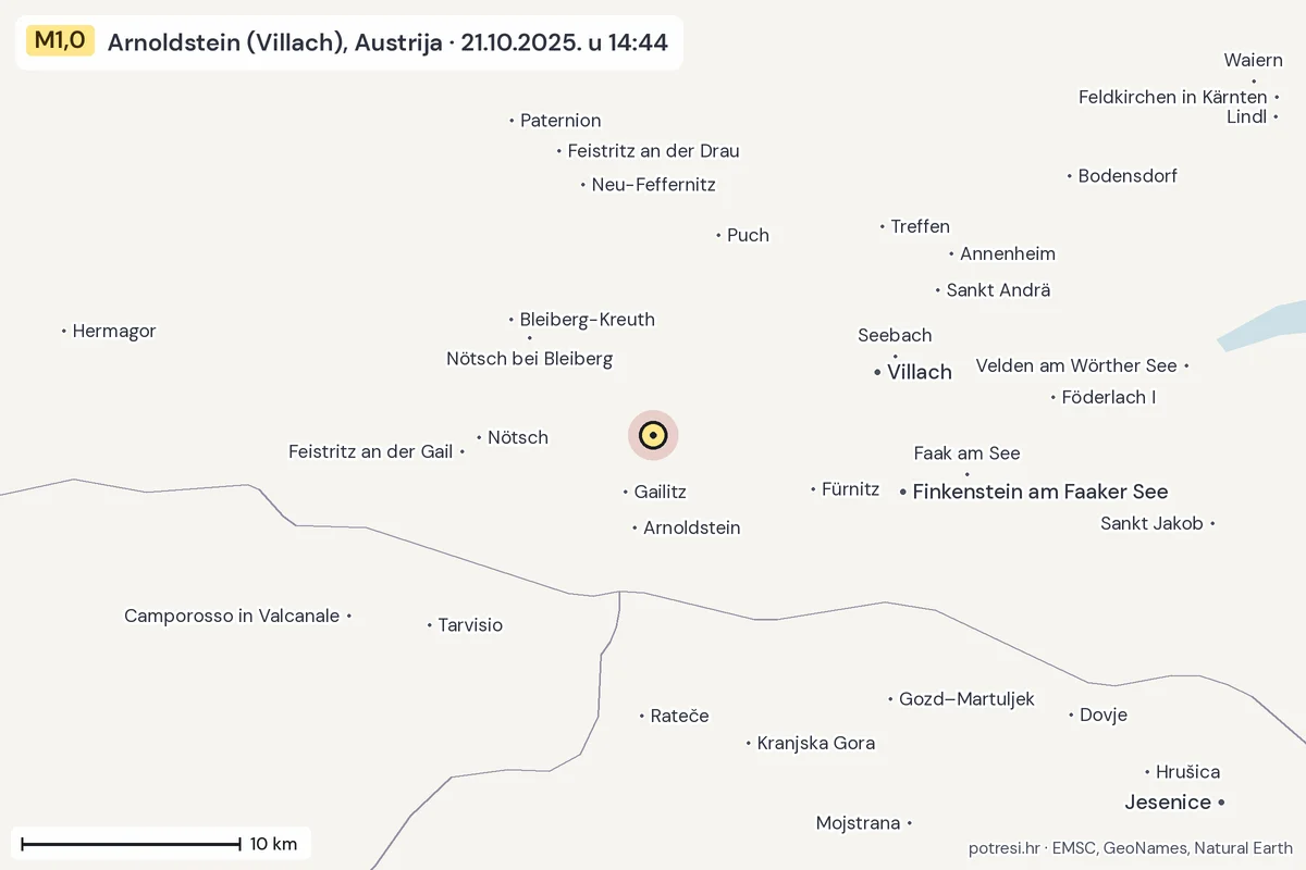 Karta: okolica epicentra, 60 km, potres M1,0, Arnoldstein (Villach), Austrija, 21.10.2025.