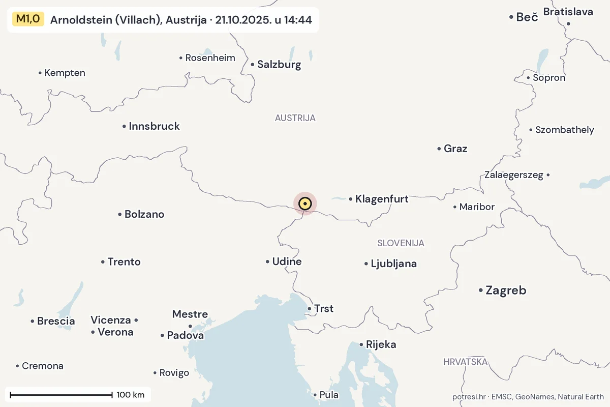Karta: šire područje, 600 km, potres M1,0, Arnoldstein (Villach), Austrija, 21.10.2025.