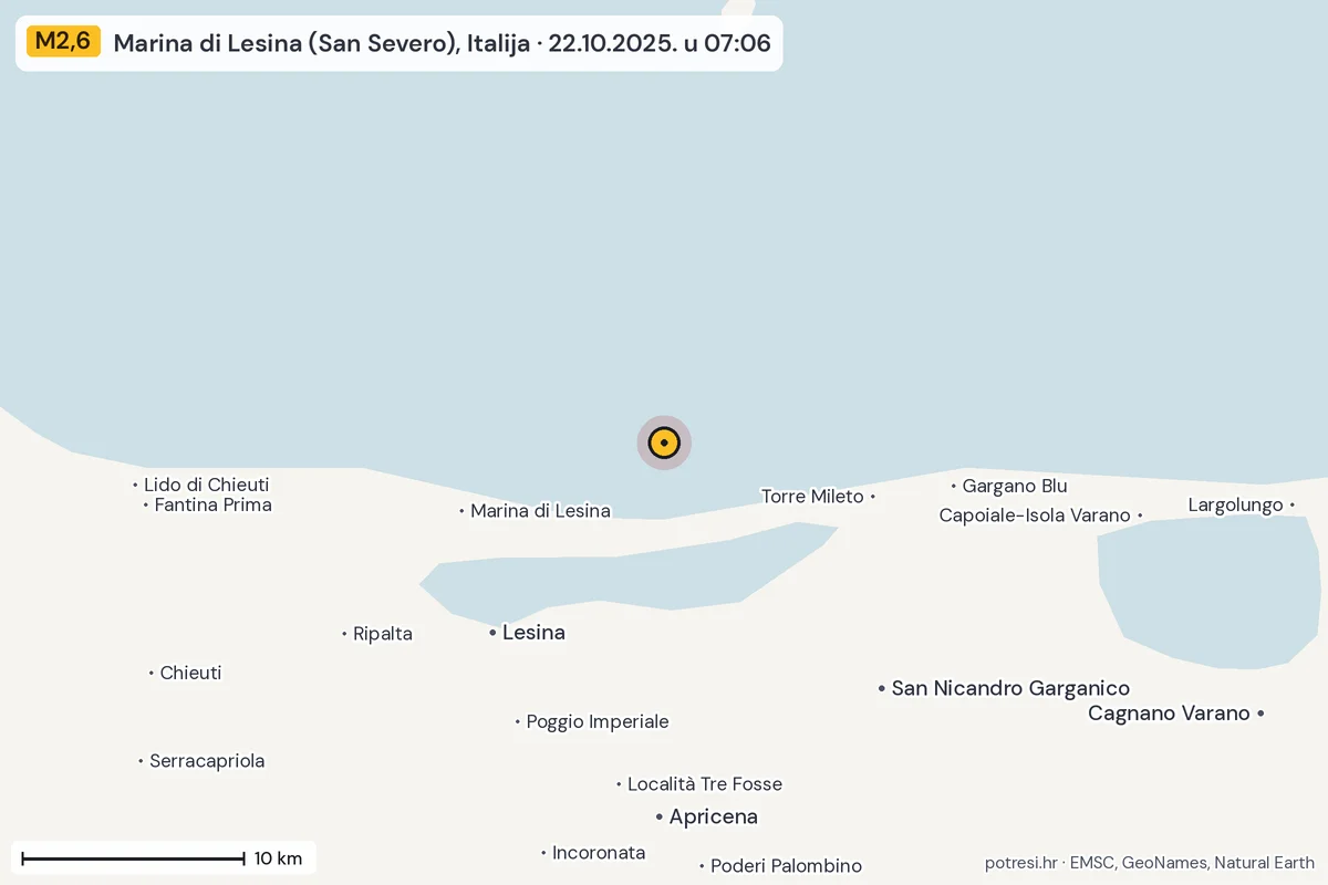 Karta: okolica epicentra, 60 km, potres M2,6, Marina di Lesina (San Severo), Italija, 22.10.2025.
