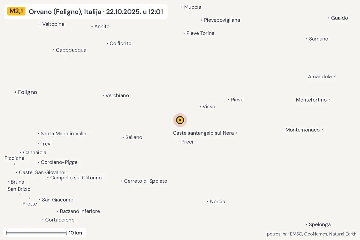 Karta: okolica epicentra, 60 km, potres M2,1, Orvano (Foligno), Italija, 22.10.2025.