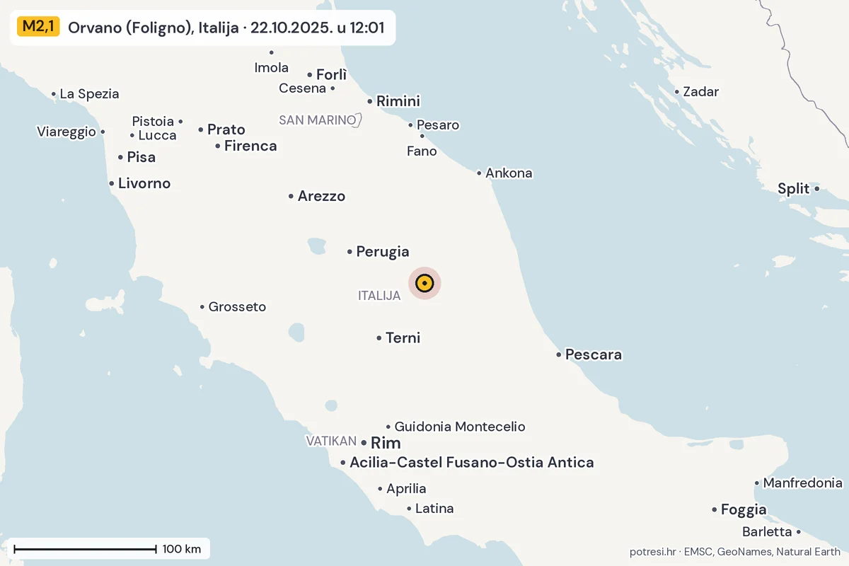 Karta: šire područje, 600 km, potres M2,1, Orvano (Foligno), Italija, 22.10.2025.