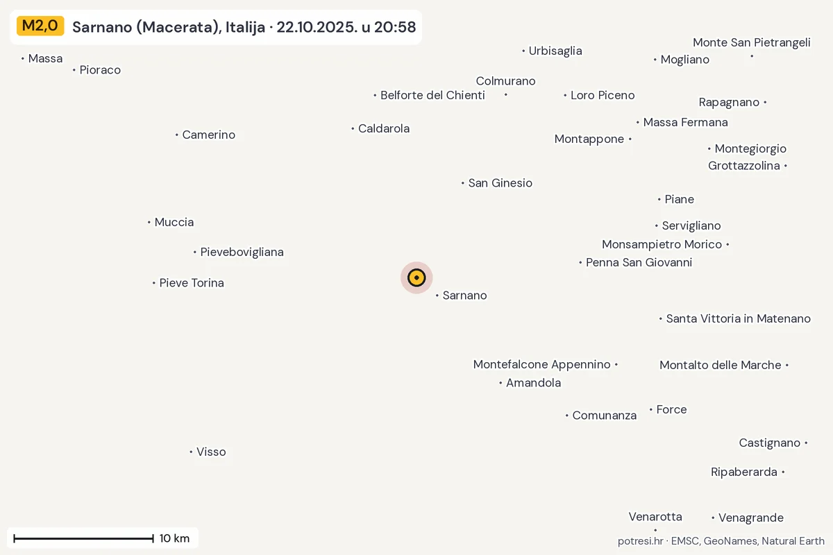Karta: okolica epicentra, 60 km, potres M2,0, Sarnano (Macerata), Italija, 22.10.2025.