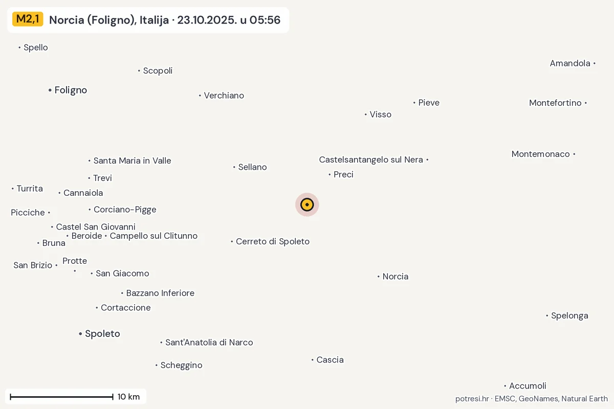 Karta: okolica epicentra, 60 km, potres M2,1, Norcia (Foligno), Italija, 23.10.2025.