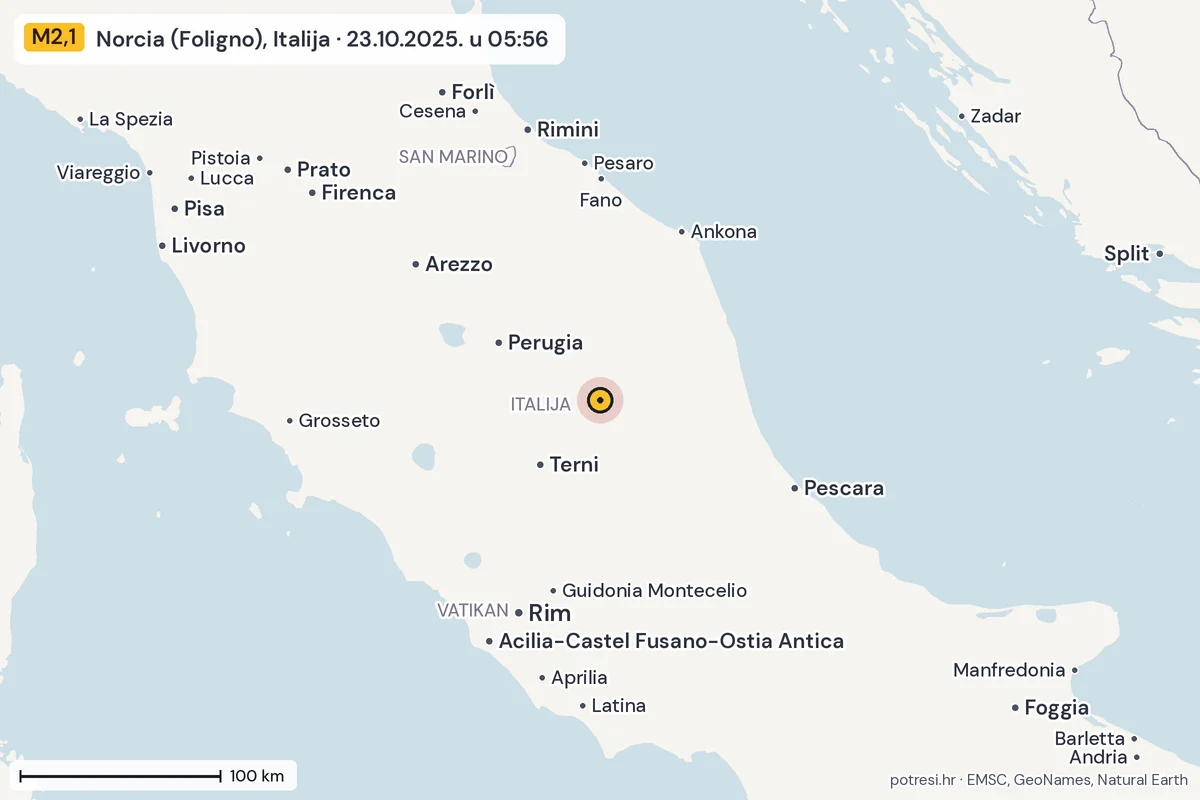 Karta: šire područje, 600 km, potres M2,1, Norcia (Foligno), Italija, 23.10.2025.