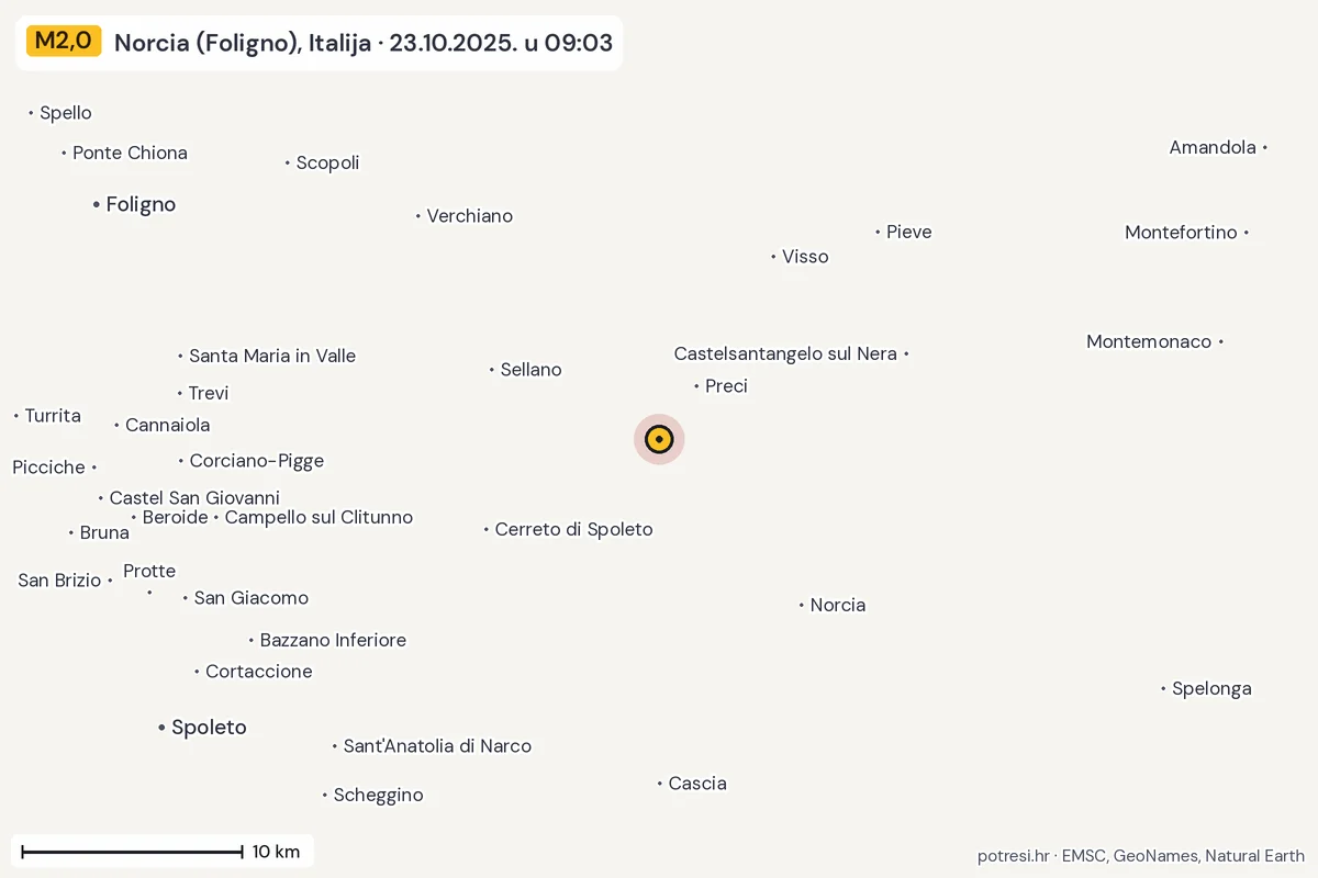 Karta: okolica epicentra, 60 km, potres M2,0, Norcia (Foligno), Italija, 23.10.2025.