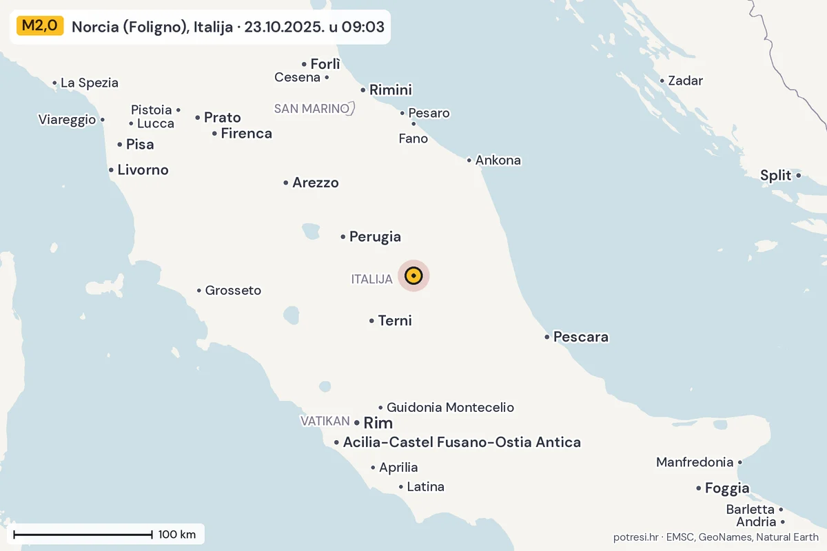 Karta: šire područje, 600 km, potres M2,0, Norcia (Foligno), Italija, 23.10.2025.