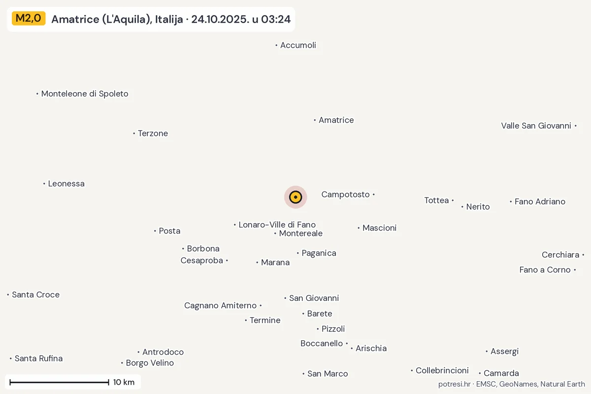 Karta: okolica epicentra, 60 km, potres M2,0, Amatrice (L'Aquila), Italija, 24.10.2025.